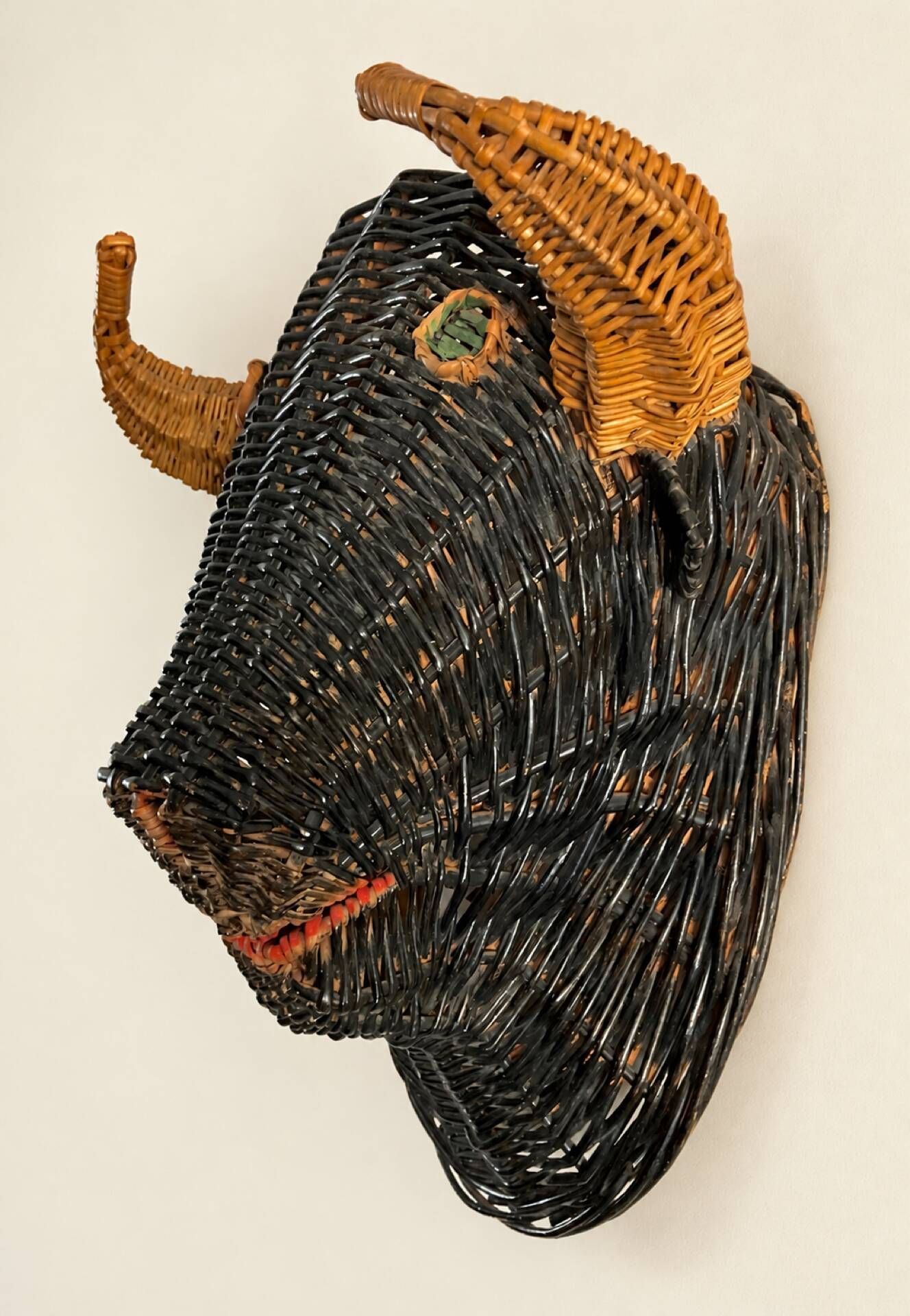 Rare polychrome wicker bull's head trophy, circa 1950.