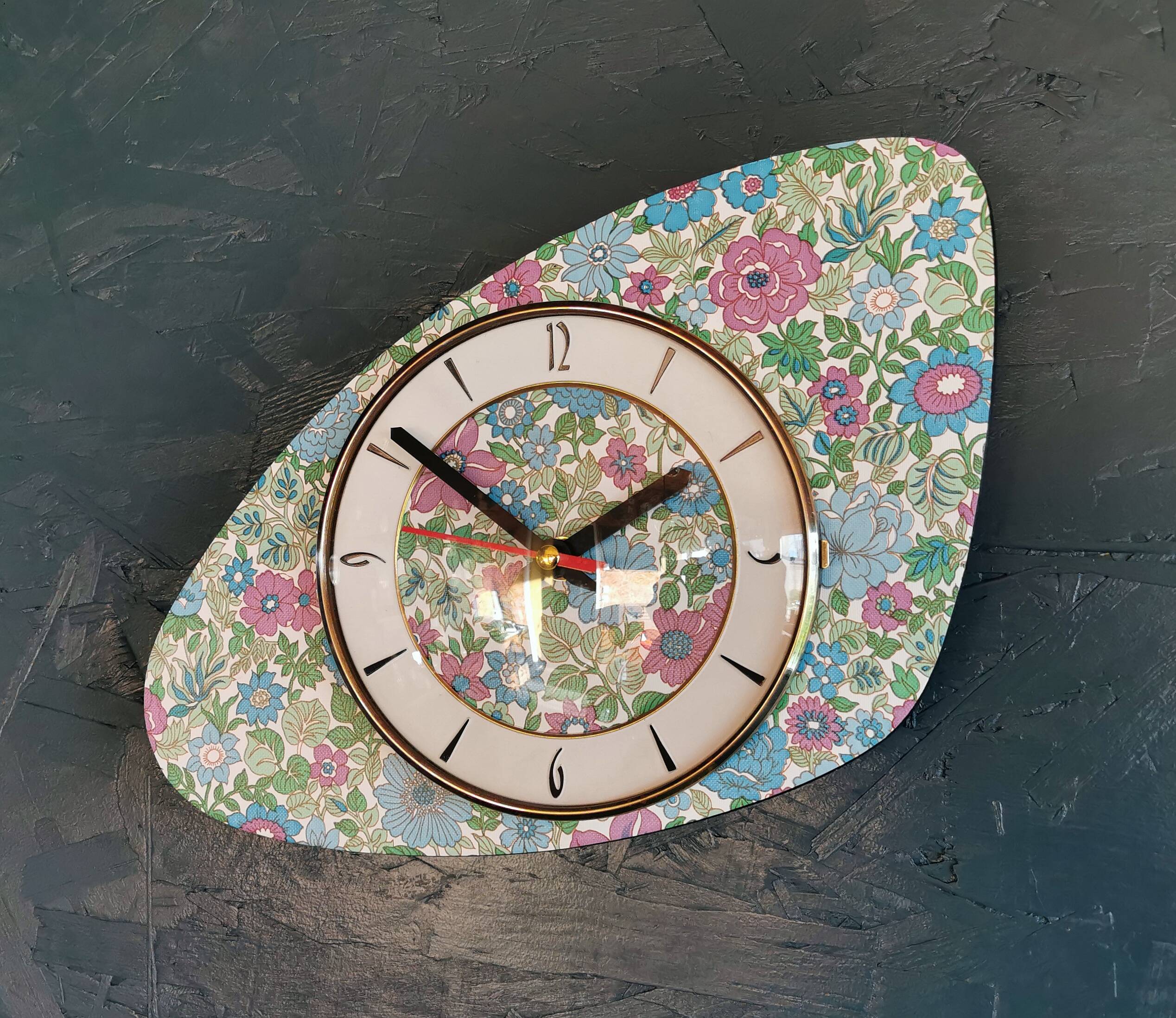 Vintage formica clock silent asymmetrical wall pendulum "Flowered blue purple"