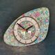 Vintage formica clock silent asymmetrical wall pendulum "Flowered blue purple"