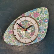 Vintage formica clock silent asymmetrical wall pendulum "Flowered blue purple"