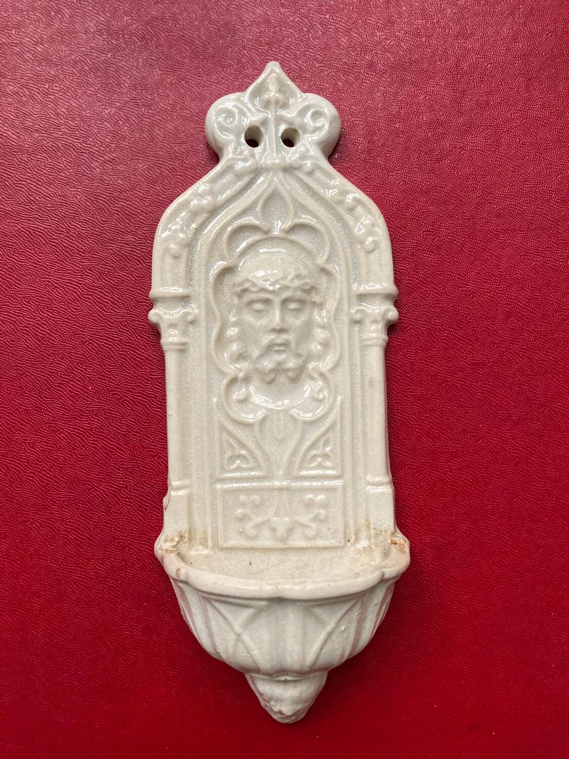 Digoin Sarreguemines earthenware holy water font