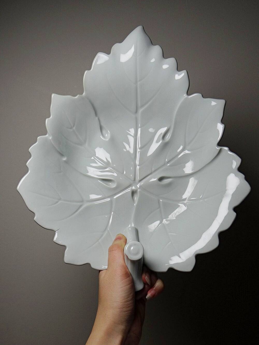 Celadon porcelain vine leaf dish by L. Michelaud, Limoges, 1930-50.