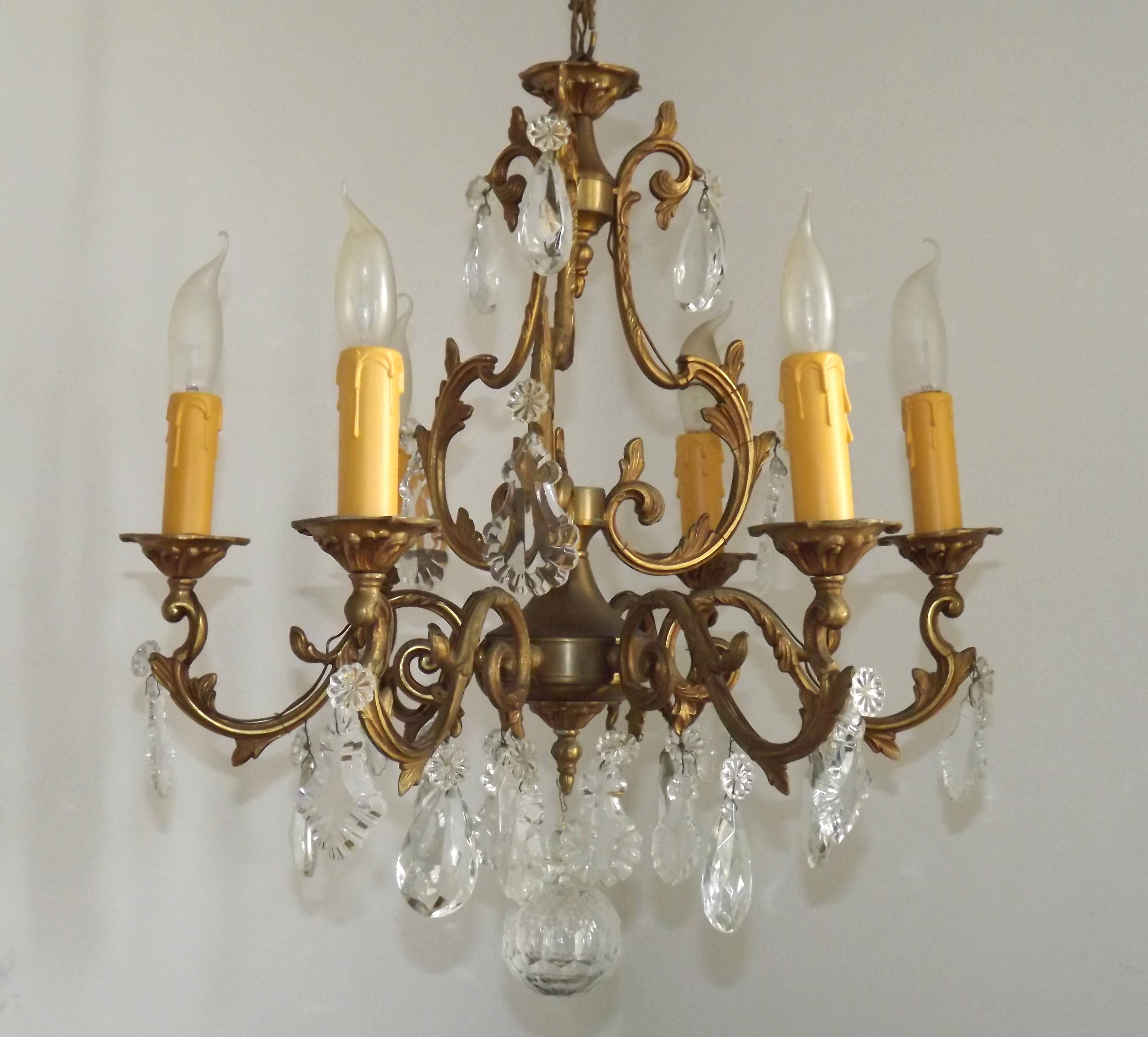 Large French Art Nouveau Acanthus 6 Light Bronze & Crystal Cage Chandelier