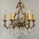 Large French Art Nouveau Acanthus 6 Light Bronze & Crystal Cage Chandelier