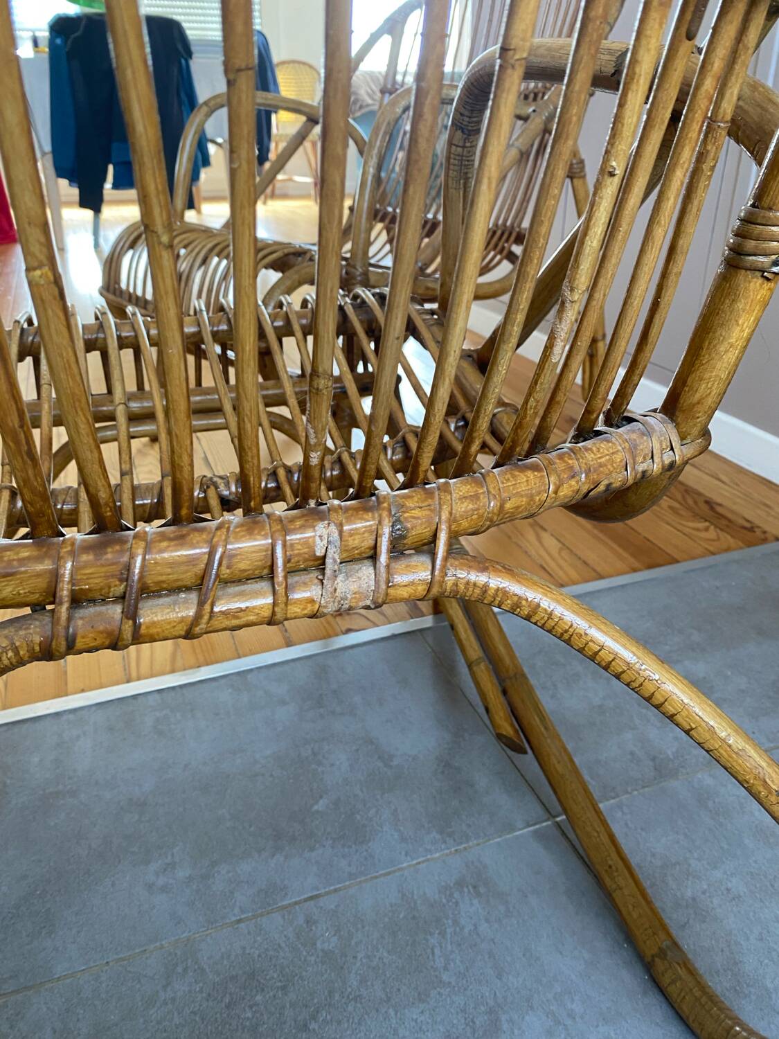 Rare pair of vintage rattan and wicker armchairs from the 1950s