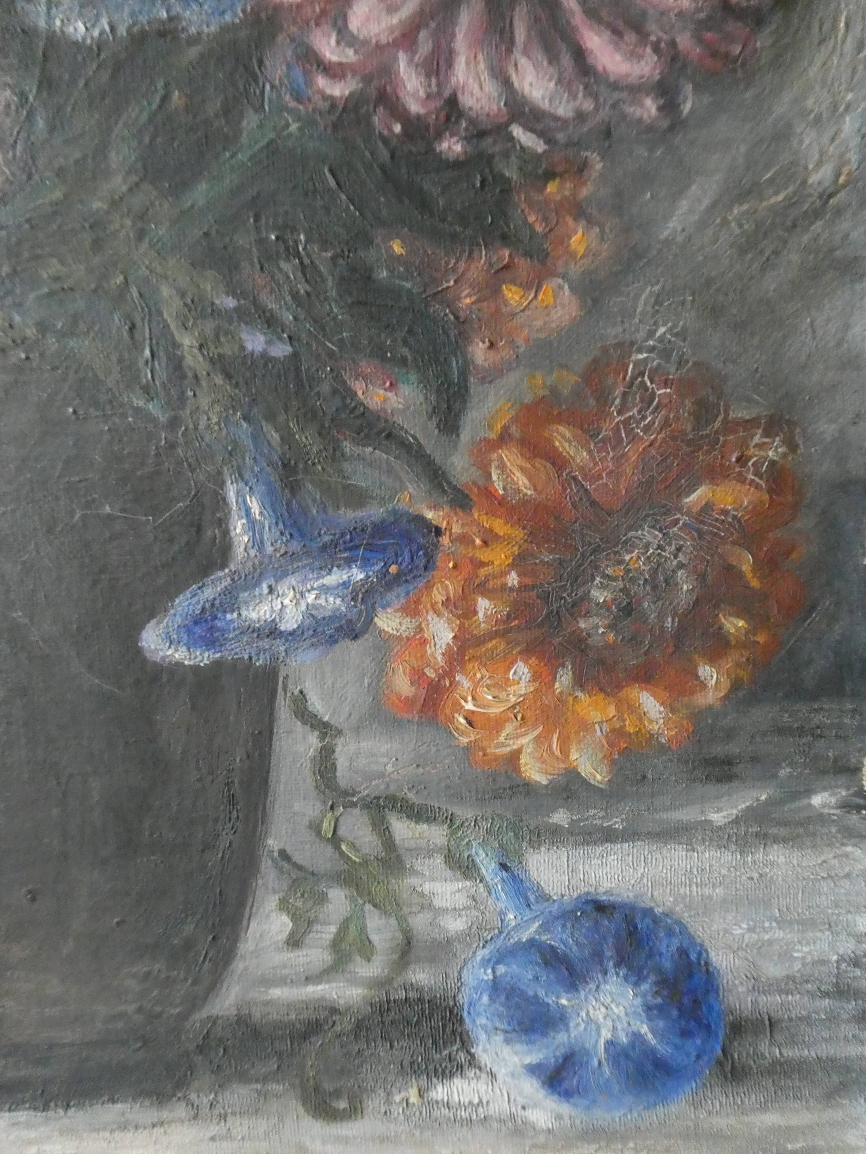 Table, oil on canvas, bouquet of flowers, signed