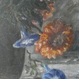 Table, oil on canvas, bouquet of flowers, signed