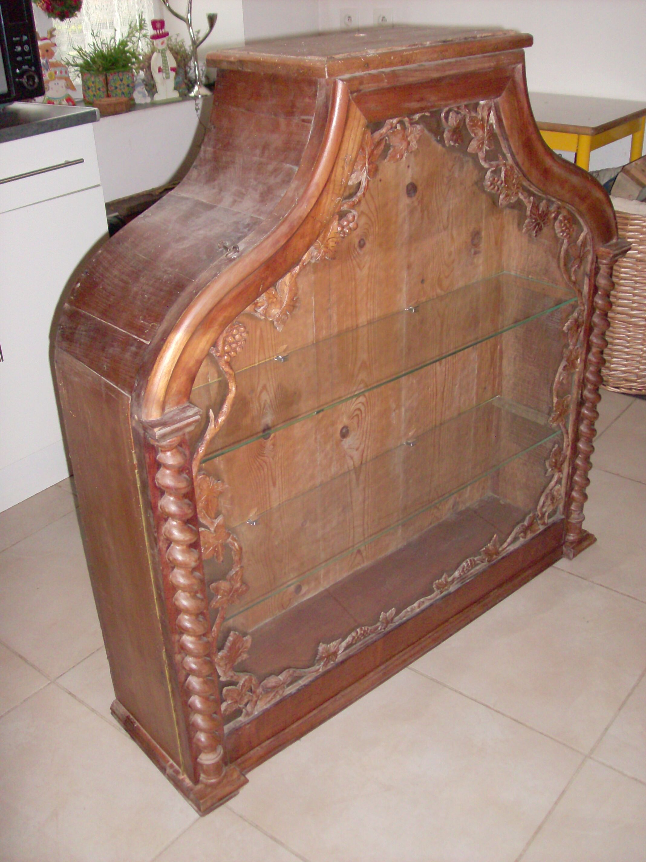 Old showcase carved wood vine leaf grape