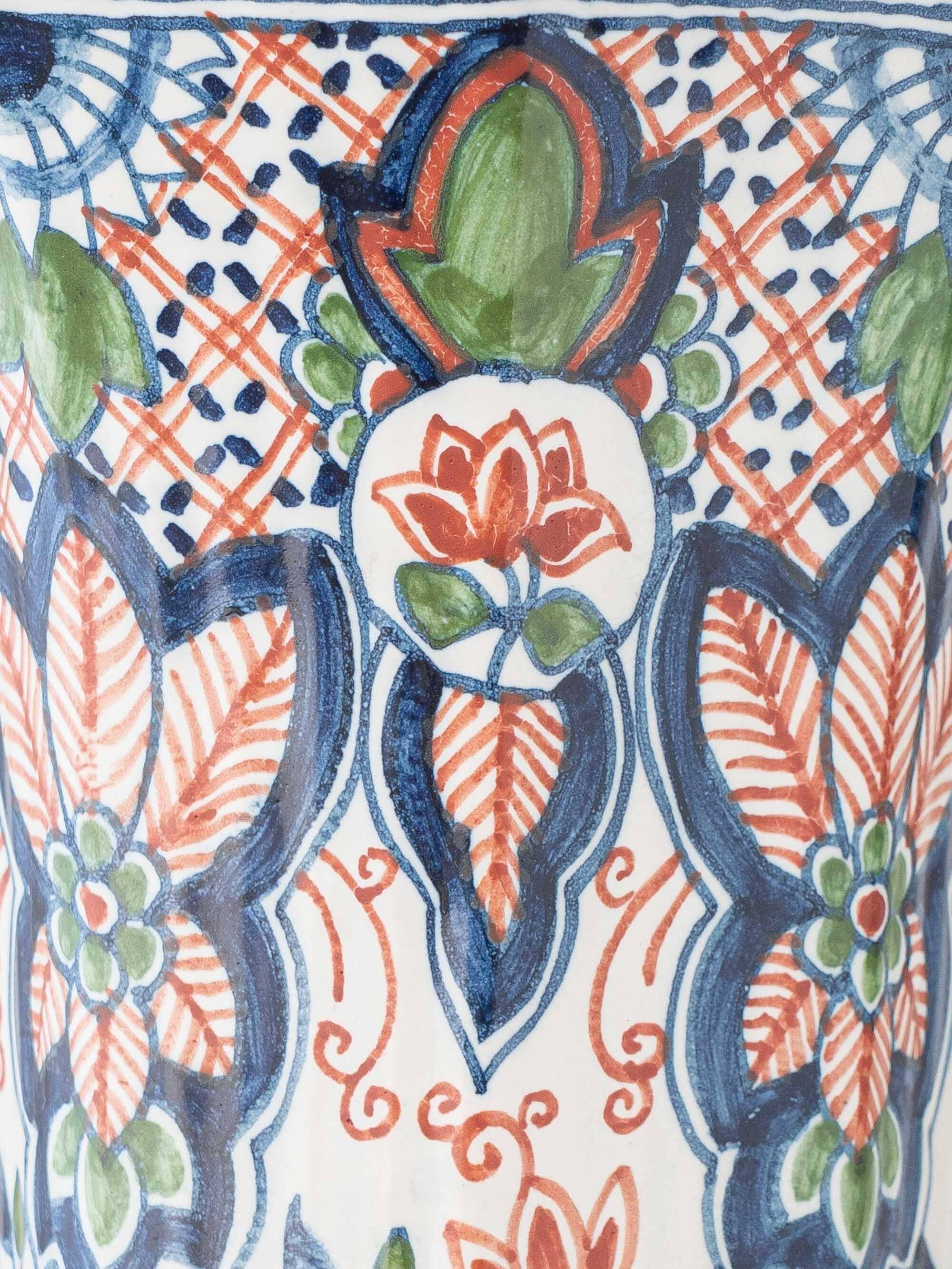 Pair of Dutch Delft Makkum ceramic table lamps with new olive green velvet shades.