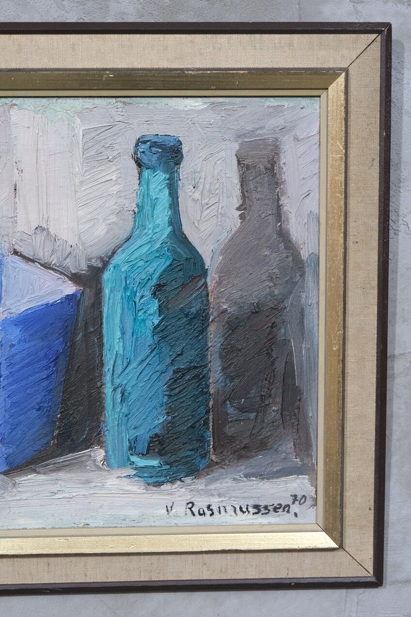 Nature morte scandinave à l’huile, Viktor Rasmussen (1922-2004), années 1970, huile sur toile
