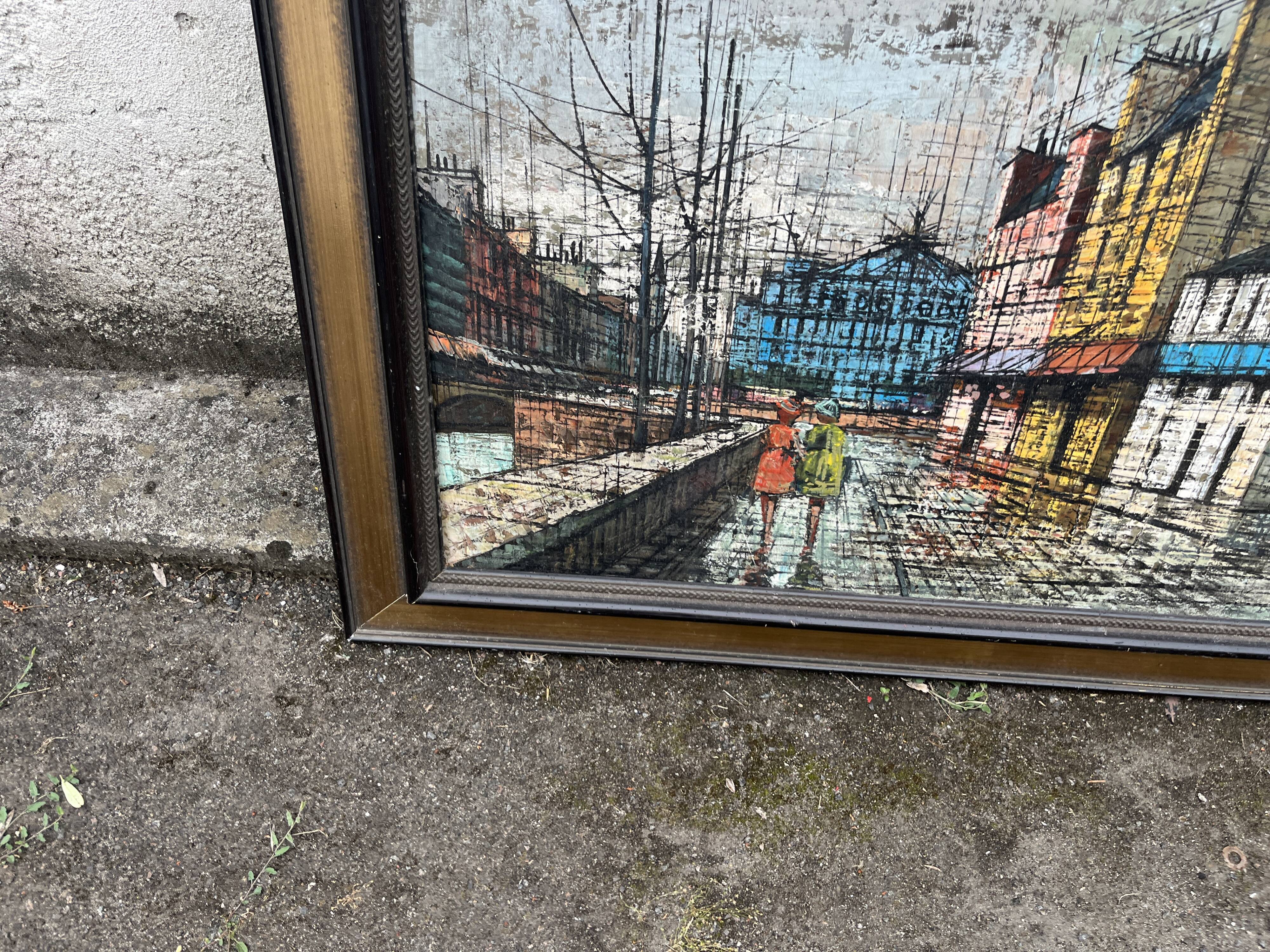 Grand tableau scene de rue urbaine esprit Bernard Buffet années 60