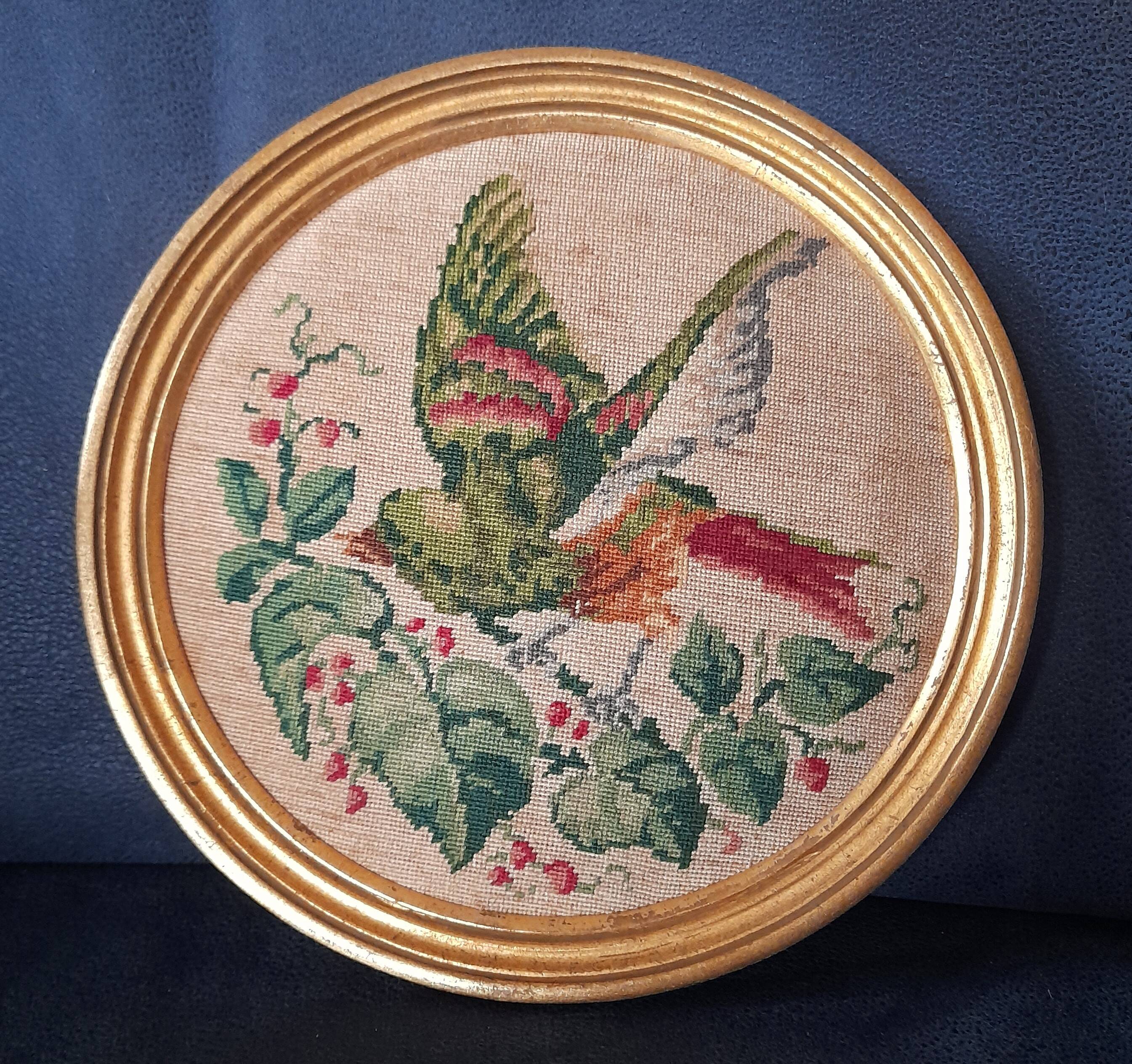 Round gold frame embroidered bird cross stitch