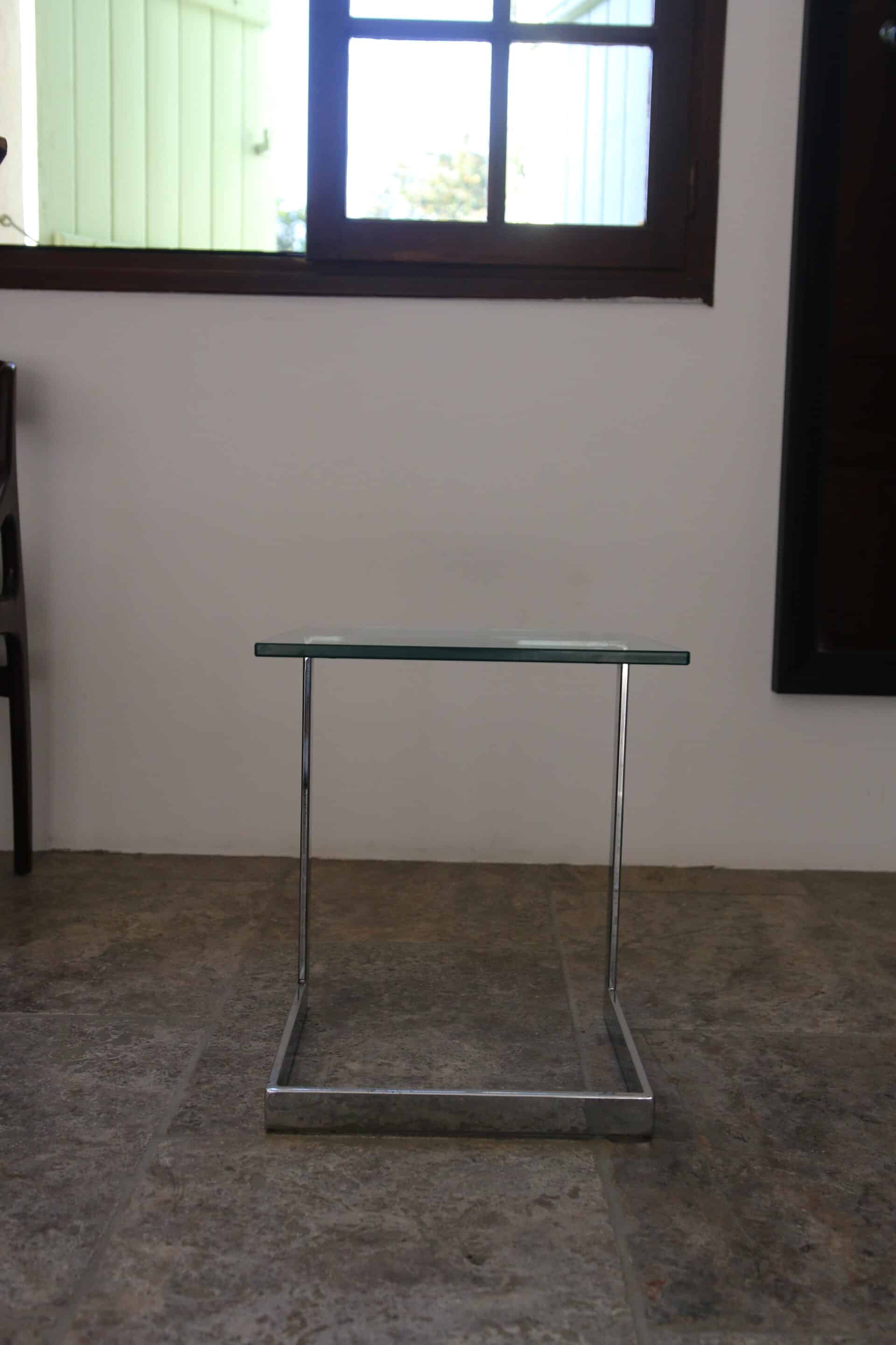 Table d’appoint verre, chrome  « Gebra », années 80, étiquette d'origine