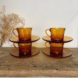 4 amber Duralex cups and saucers