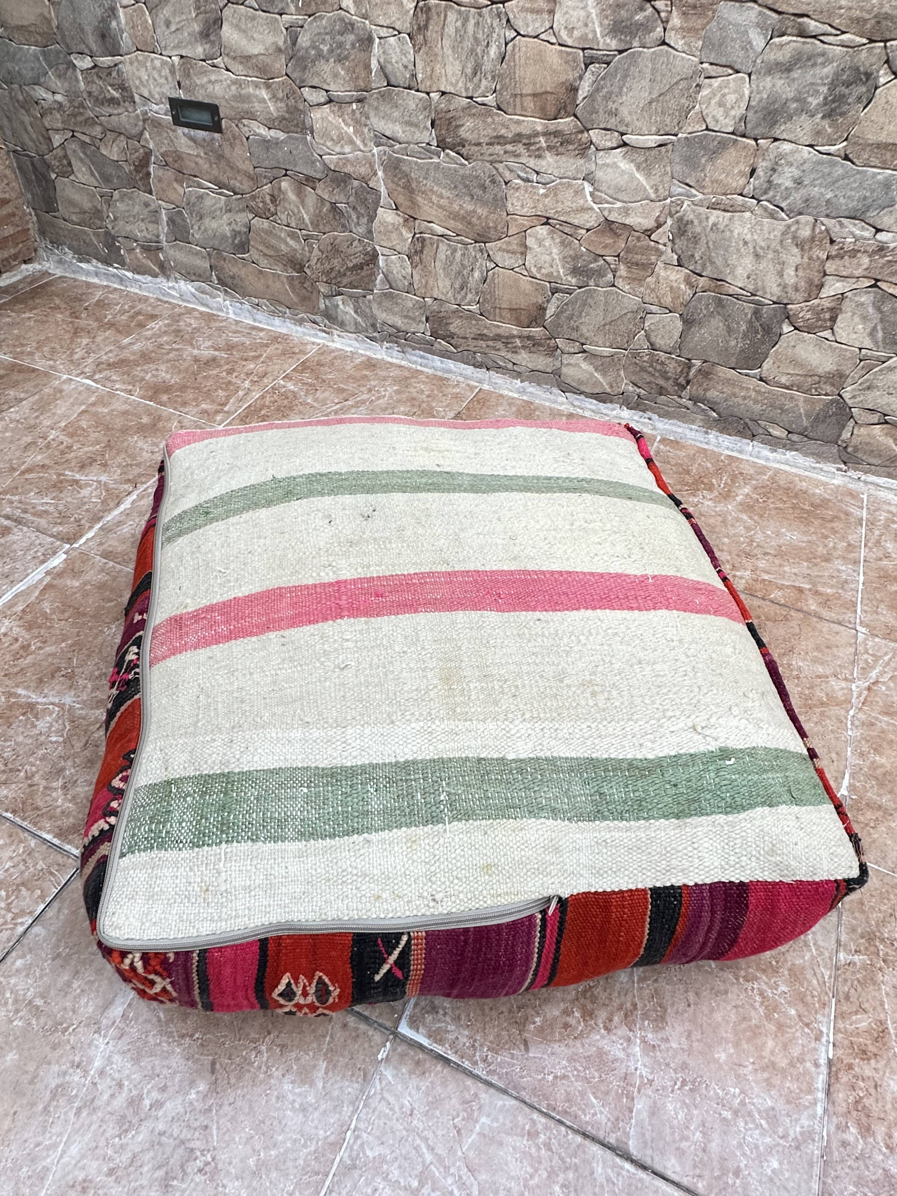Vintage handmade Berber Kilim pouf, Moroccan floor cushion.