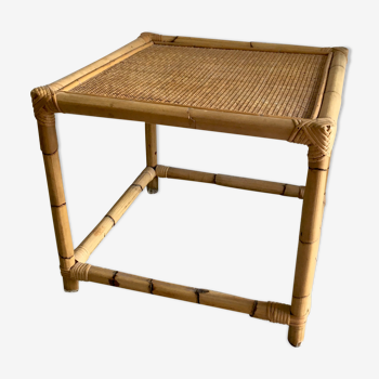 Table basse carré en bambou et rotin années 70