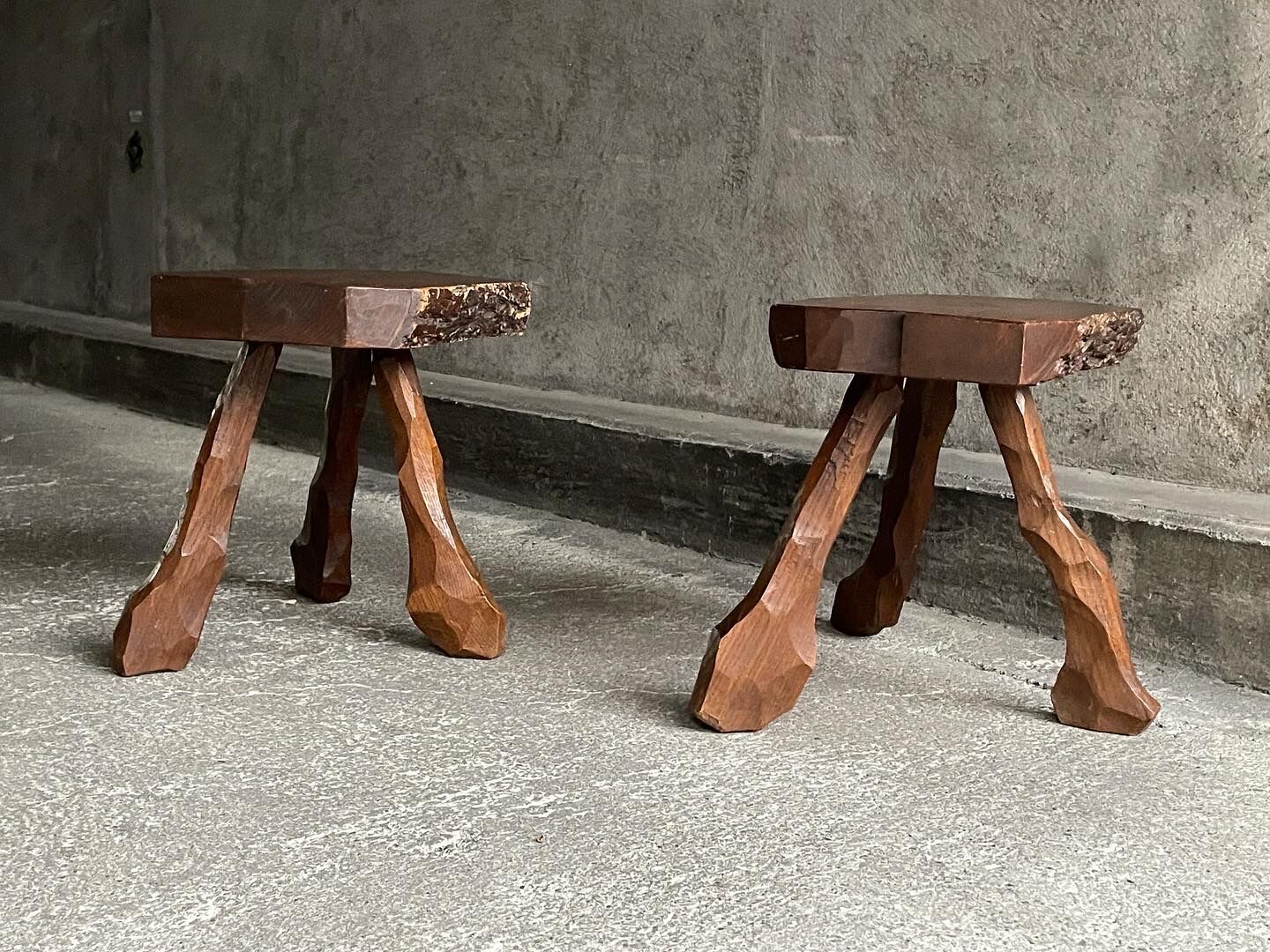Pair of tripod stools in solid oak, France 1940s
