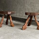 Pair of tripod stools in solid oak, France 1940s