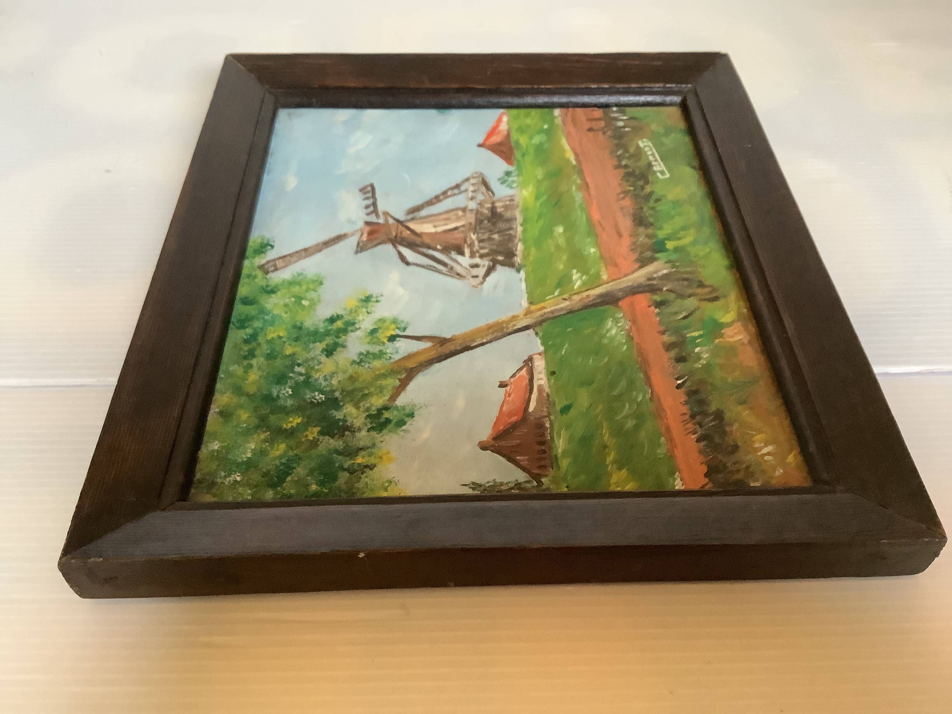 Small landscape painting of a mill, oil on panel, signed.