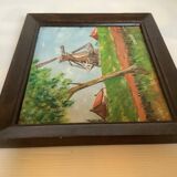 Small landscape painting of a mill, oil on panel, signed.