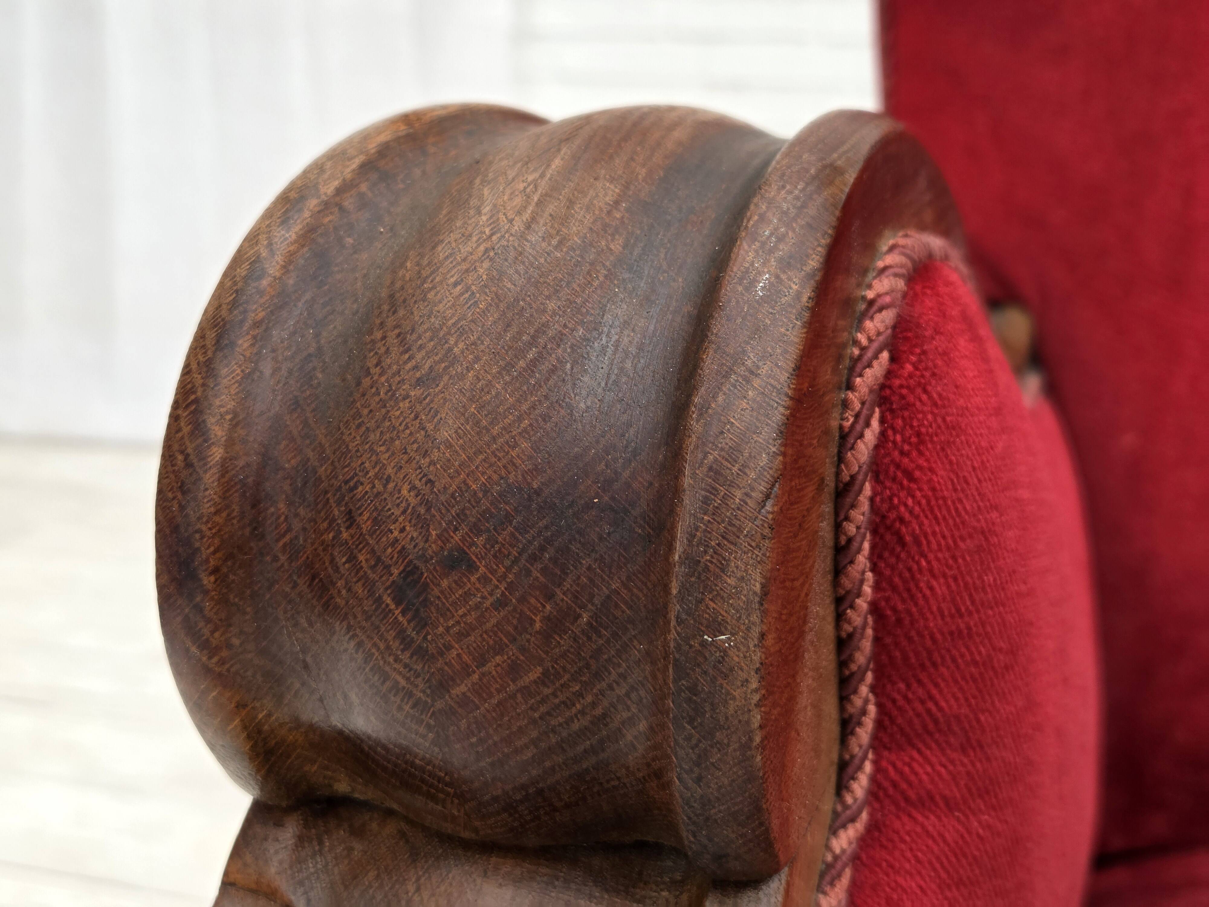 1950s, Danish relax armchair, furniture velour, carved oak wood.