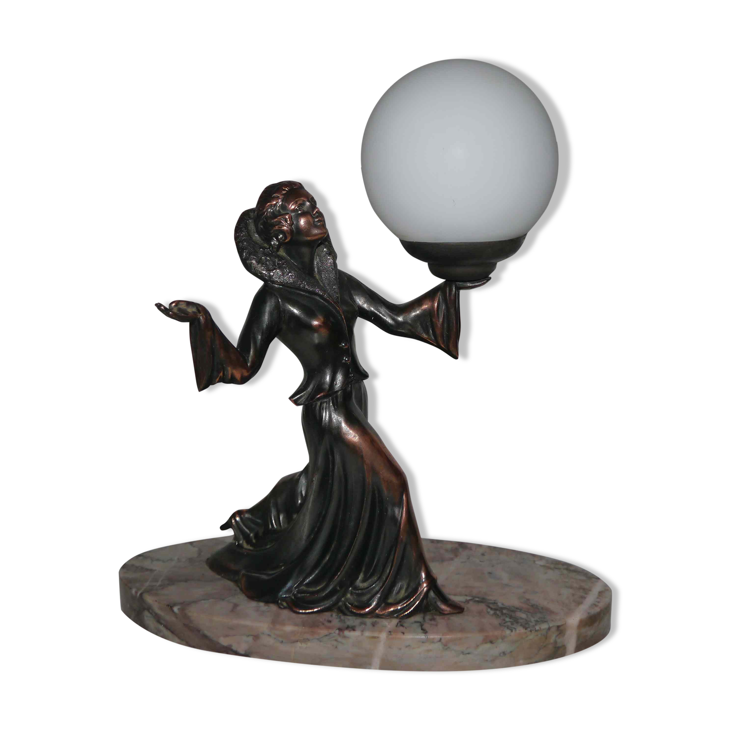 Art deco lamp in regul and marble "woman holding a globe"