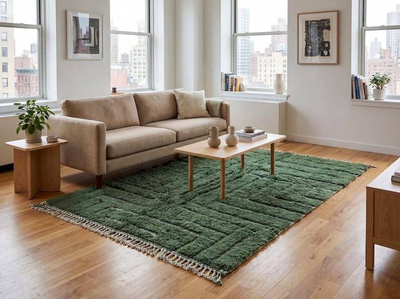 Traditional pure wool green beni ourain rug size 150x250 cm