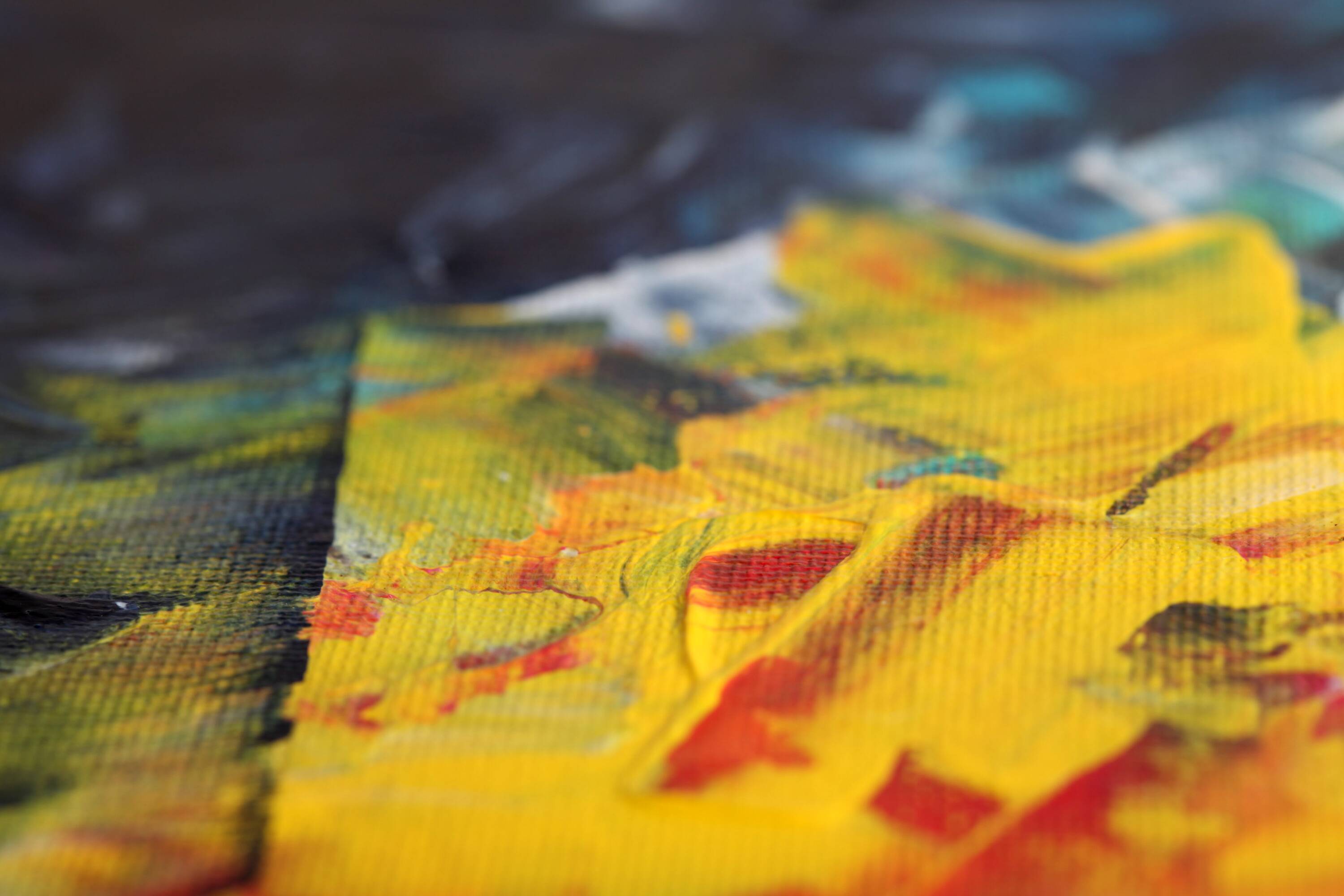 Acrylic painting on canvas in blue, pink, and yellow.