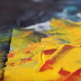 Acrylic painting on canvas in blue, pink, and yellow.