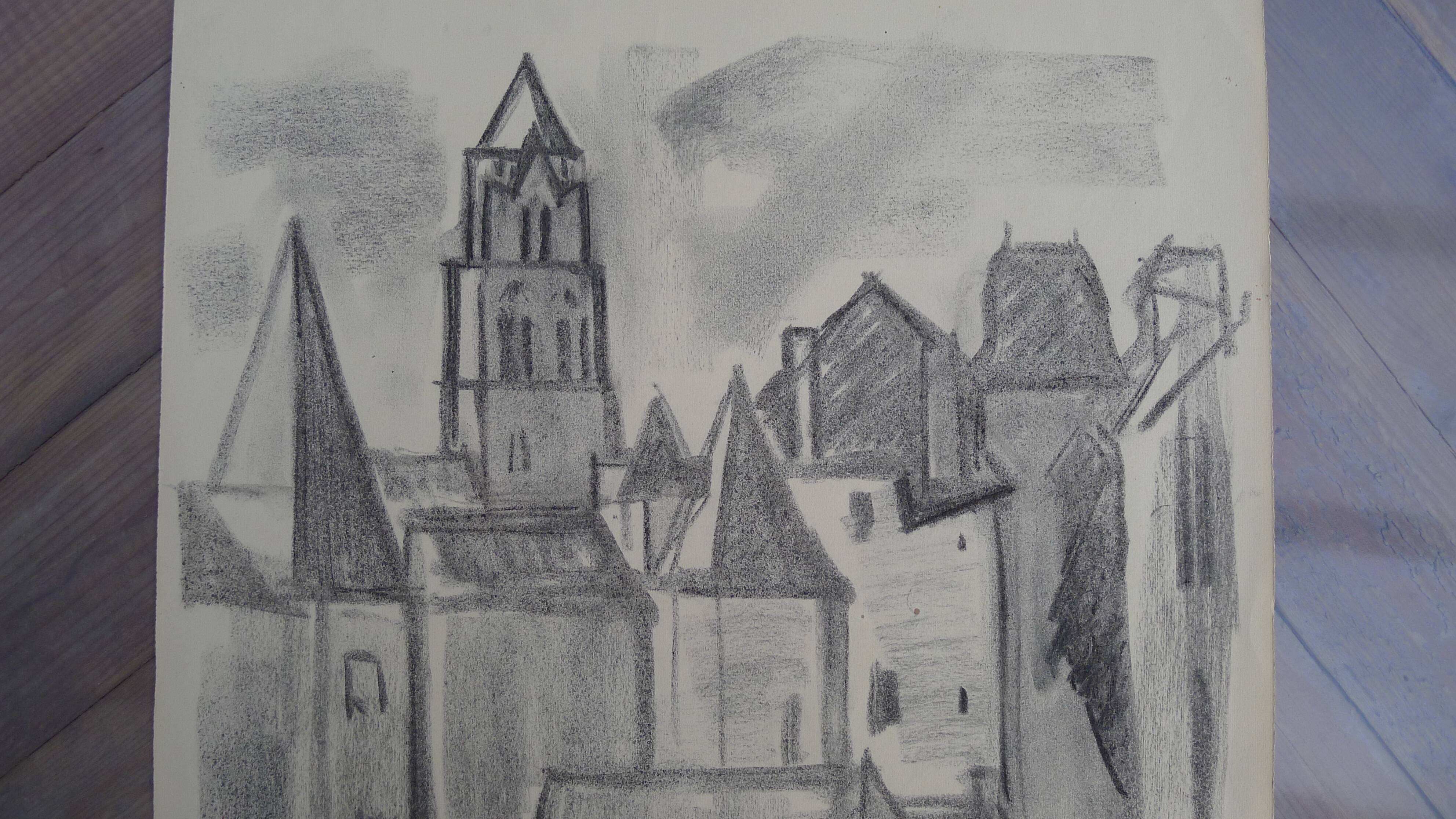 Uzerche, original charcoal drawing by Jean Villette (1913-2005)
