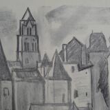 Uzerche, original charcoal drawing by Jean Villette (1913-2005)