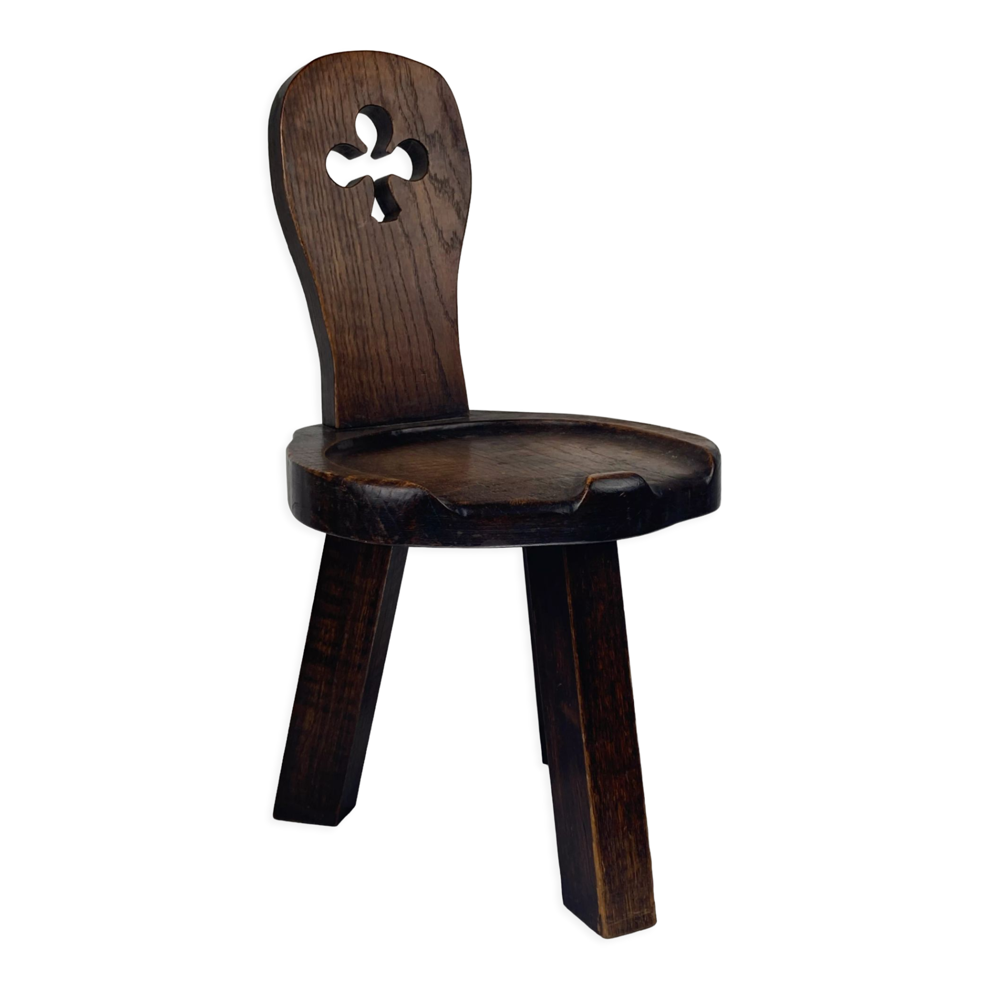 Sculptural oak brutalist chunky tripod stool, ca 1960s