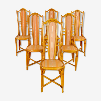 6 chaises en bambou & tissus 1970-1980
