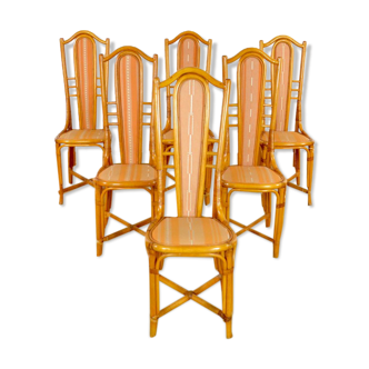 6 chaises en bambou & tissus 1970-1980