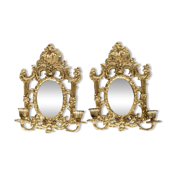 Pair of Antique Brass Wall Sconces with Mirror