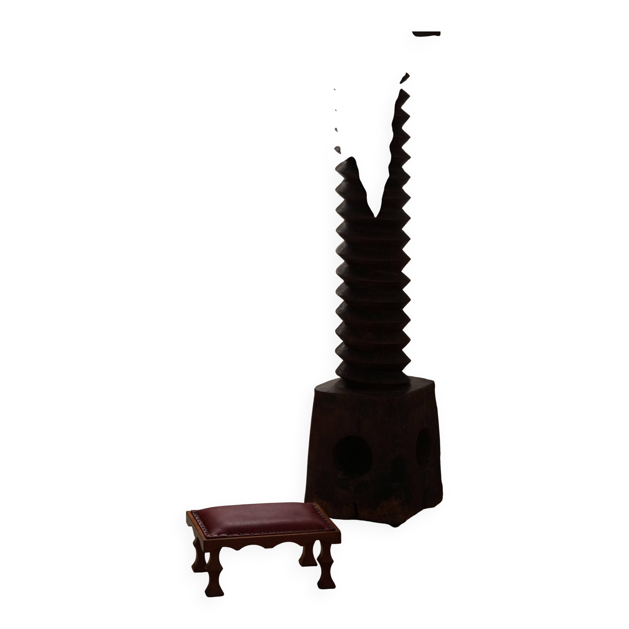 Danish sculpted oak stool from the mid-20th century with a red leather seat, 1950s.