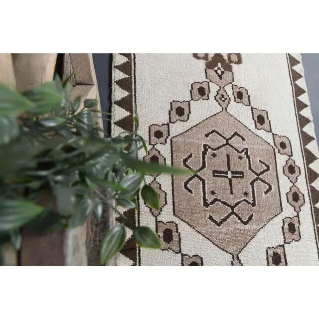 Vintage Turkish Oushak Handmade Wool Cotton White Runner Rug 100x320