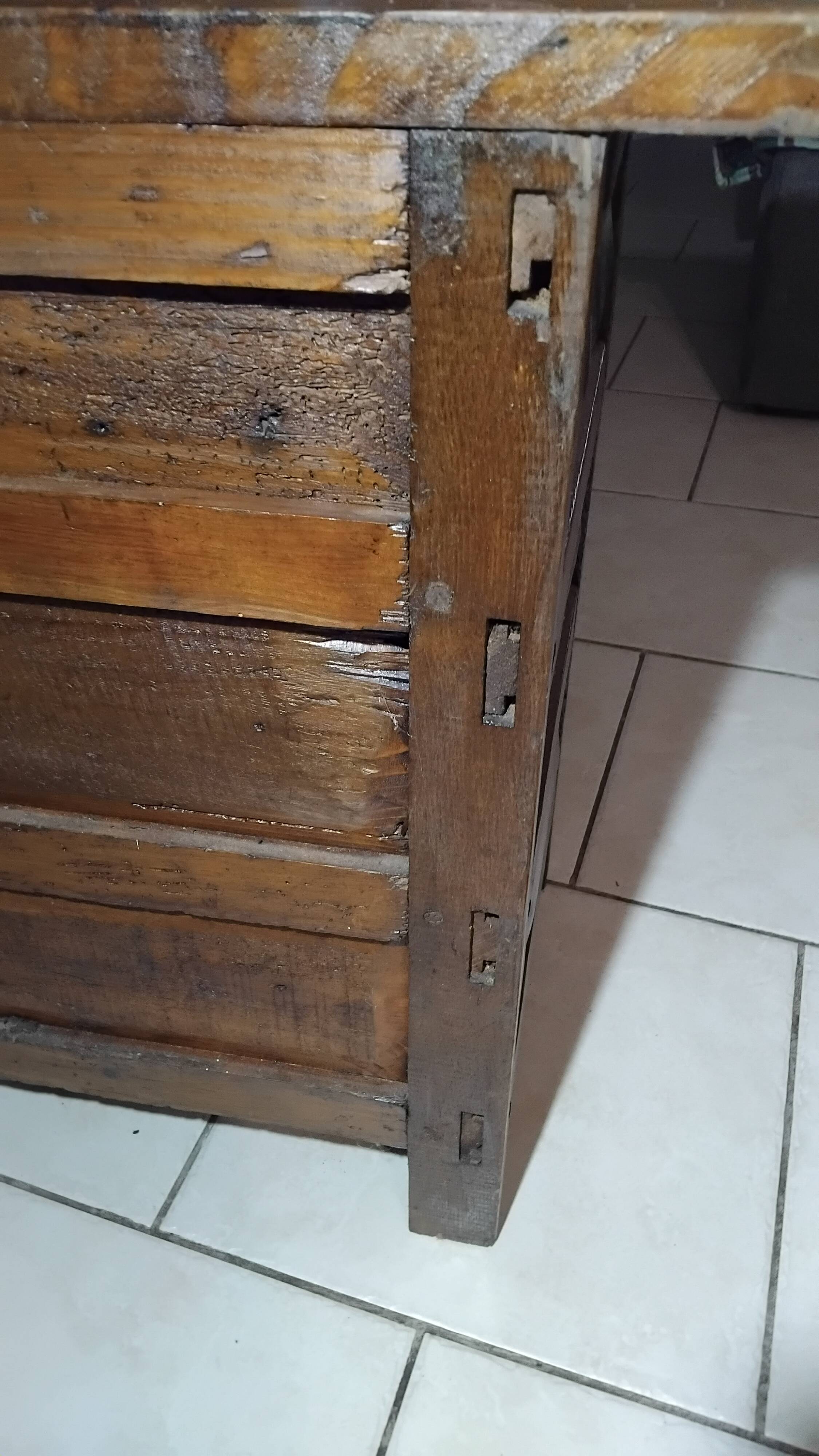 Small vintage brutalist solid oak jam cupboard with wrought iron trim