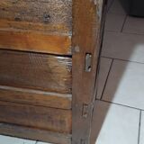 Small vintage brutalist solid oak jam cupboard with wrought iron trim