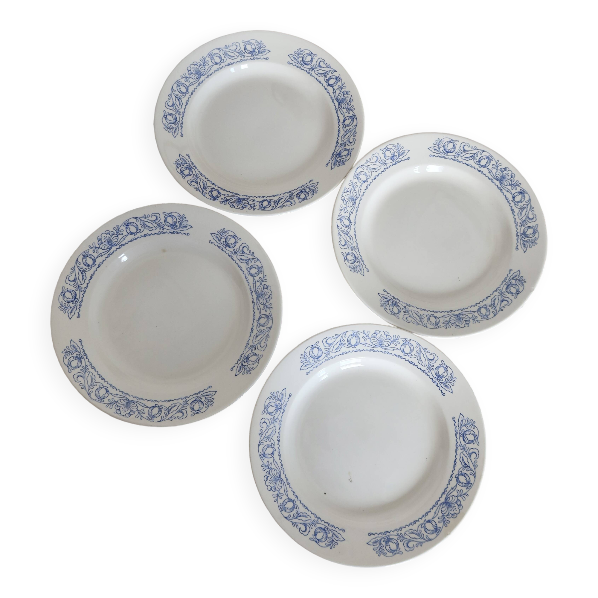 4 vintage white soup plates with blue border