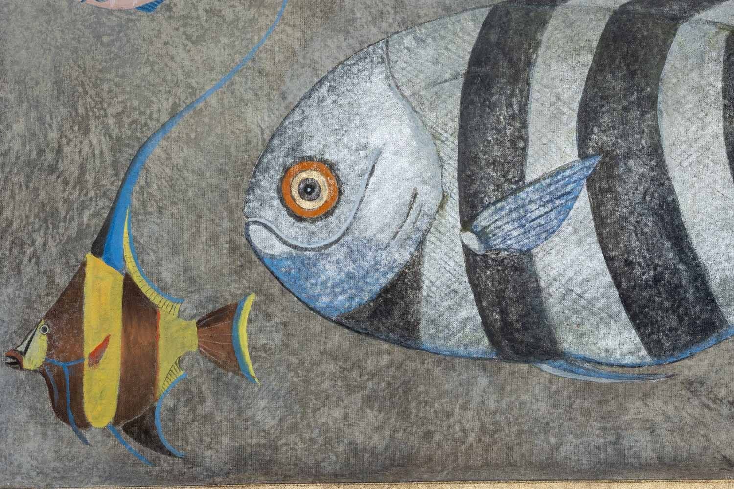 Painted canvas representing a board of fish. Contemporary work.