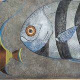 Painted canvas representing a board of fish. Contemporary work.