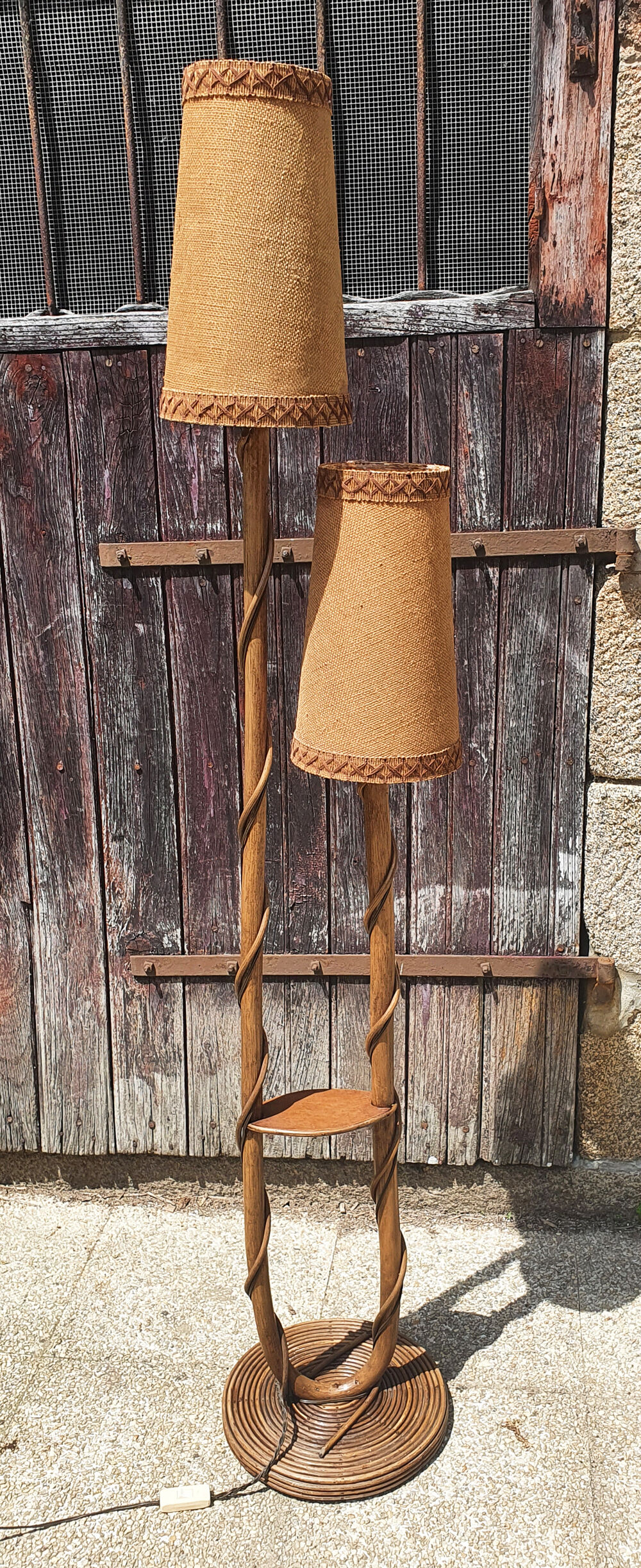 Floor lamp two lights, asymmetrical, bamboo and rattan, vintage, 70s