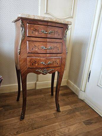 Louis XV style bedside table in marquetry with marble.