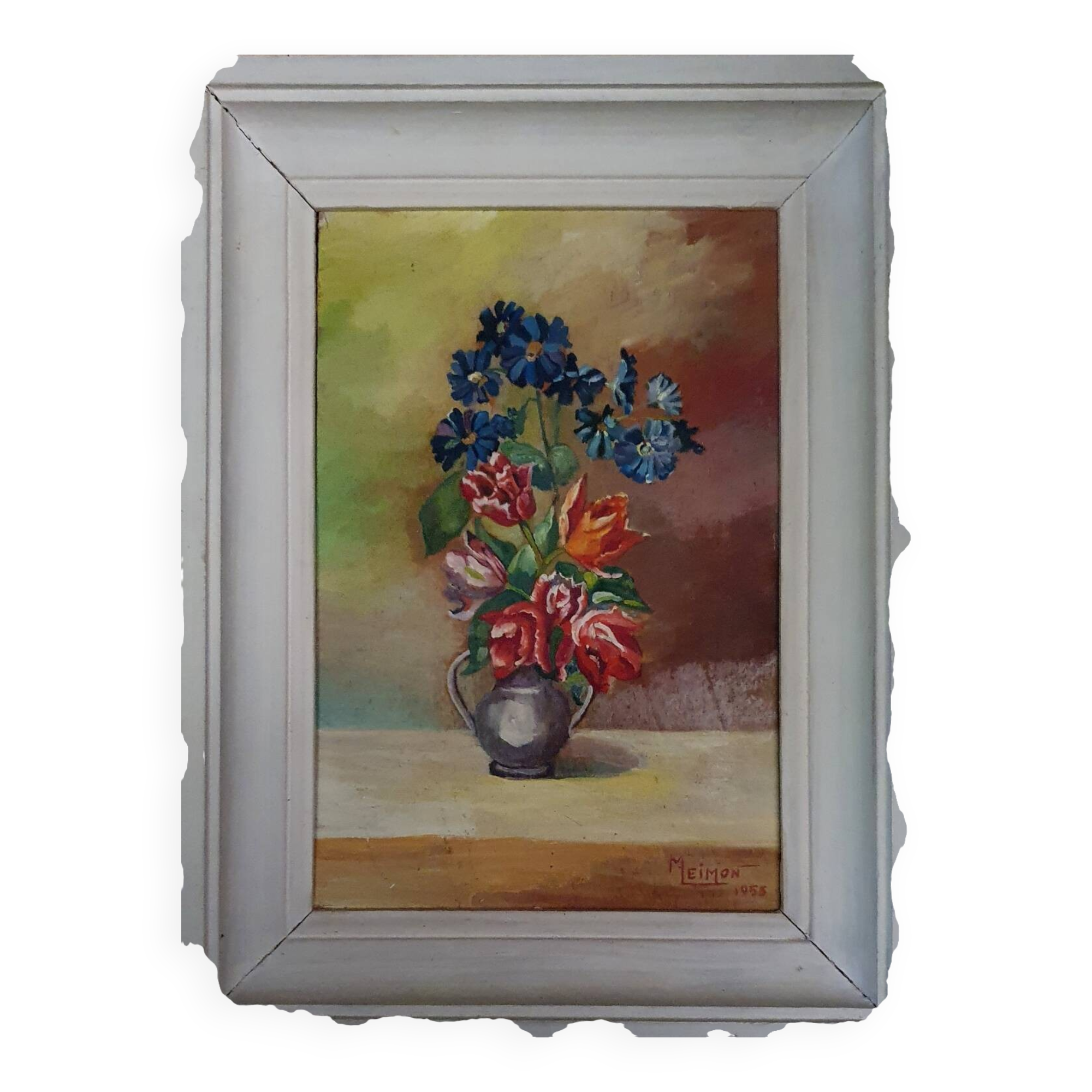Oil painting on wood of wild flowers signed Meimon.