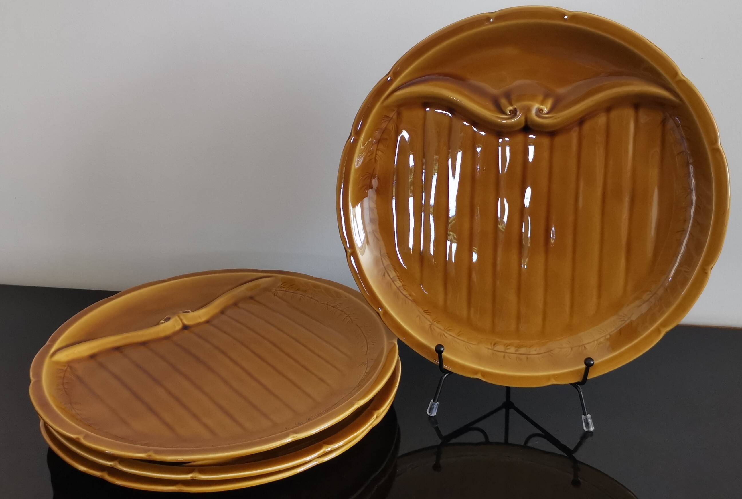 8 vintage Gien France asparagus plates in glazed brown slip