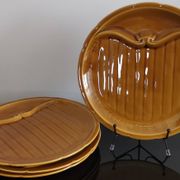 8 vintage Gien France asparagus plates in glazed brown slip