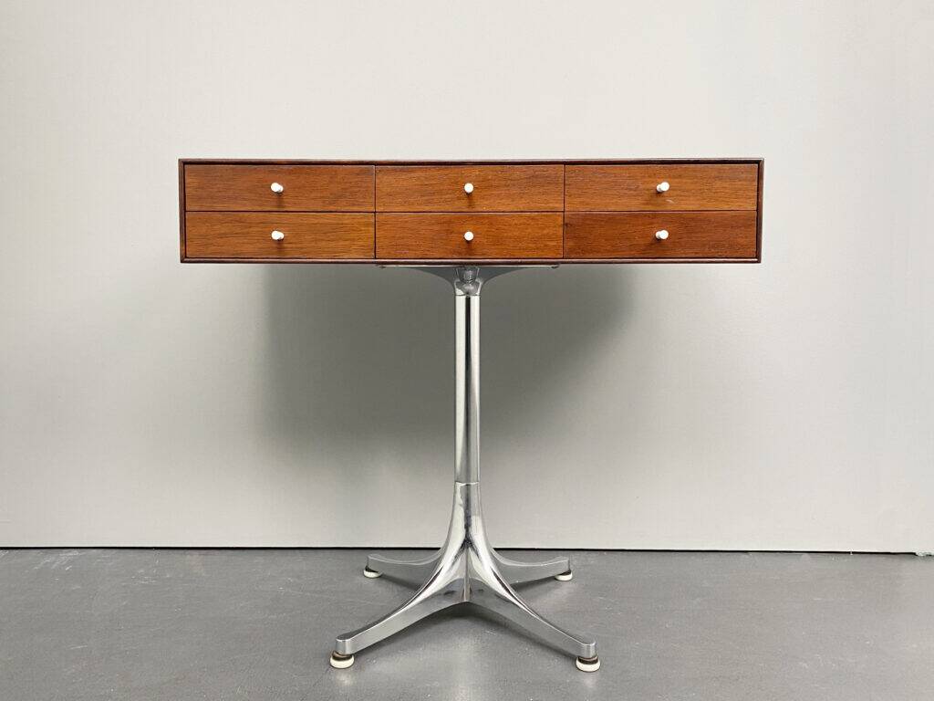 Rare small chest of drawers with 6 drawers, teak wood with chrome-plated base by George Nelson for Herman Miller, USA, 1950s
