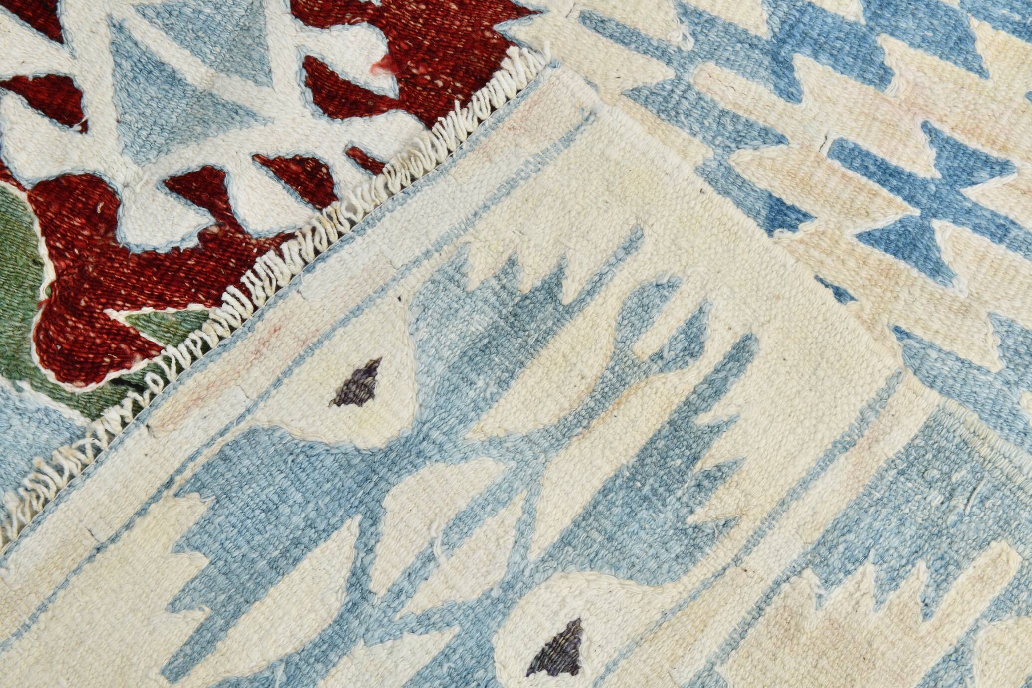 5x8 Burgundy & Light Blue Rare Geometric Style Wool Kilim Rug, 144x241 Cm