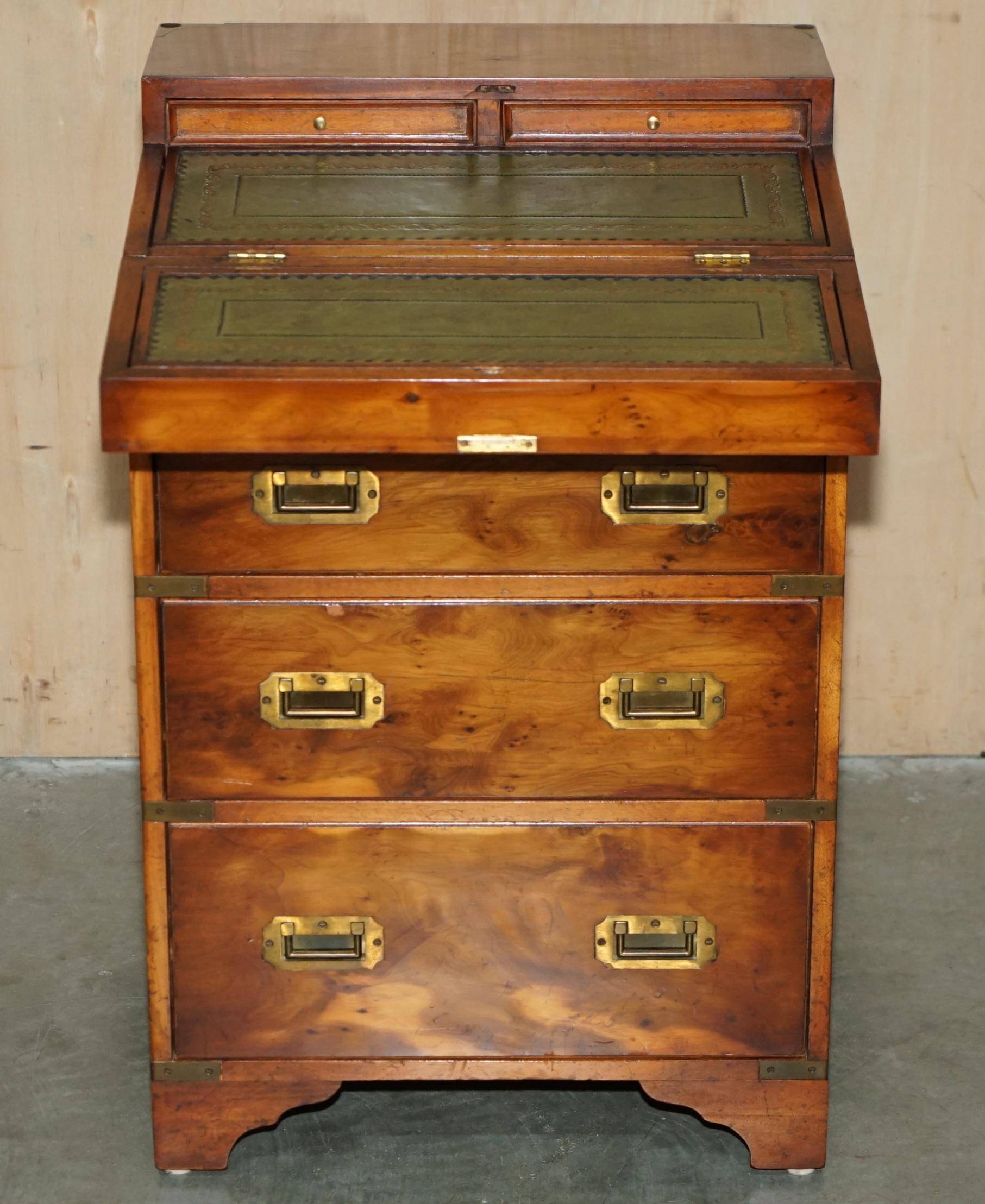 Military desk Harrods in Burr Yew wood with leather, country style.